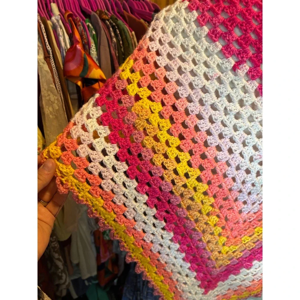 Handmade Crochet Triangle Shawl Rainbow Pink & Orange Regular Sz Boho Ombre NEW